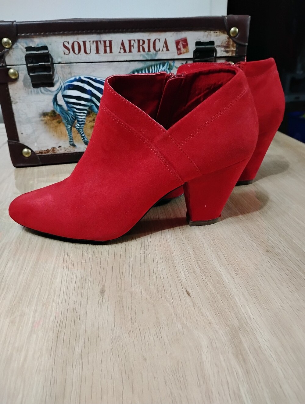 Women's Red Suede Ankle Booties with Block Heel